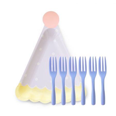 Party Hat-shaped Cake Plate and Fork - Pack of 6 birthday hat-shaped cake paper plates paired with lavender-colored cake forks, 100 sets per box.
