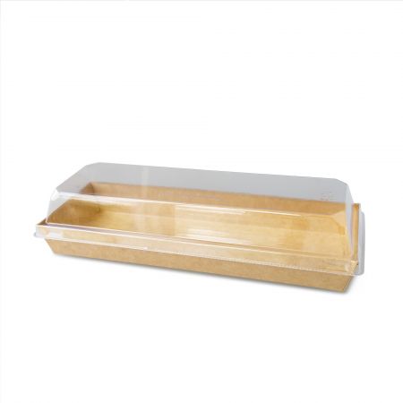 Rectangular Cake Box - Rectangular kraft-paper cake box with a PET anti-fog transparent lid, suitable for both cold and hot foods. It is ideal for holding cupcakes, hot dogs, and other meals.