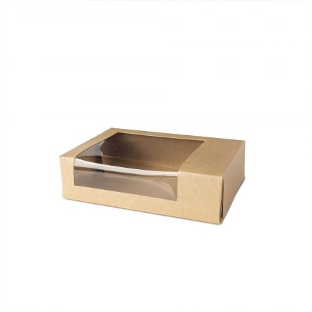 Pequena Caixa de Papel Kraft para Viagem com Janela - Esta pequena caixa de papel kraft com janela é perfeita para macarons e mini sobremesas. Seu design compacto é ideal para doces, tornando-se uma escolha popular para padarias e lojas de sobremesas. Uma ótima opção para embalagens de comida para viagem ou presentes.