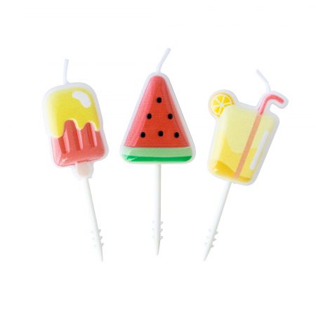 Vela de Festa de Verão - Uma caixa contém uma vela em forma de melancia, uma vela em forma de bebida e uma vela em forma de picolé, permitindo uma fácil decoração para um bolo de aniversário com tema de verão.