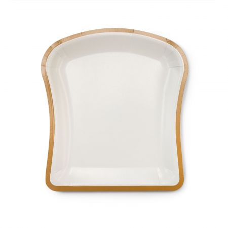 Toast Shape Paper Plate - The mouthwatering toast-shaped cake paper plates are perfect for businesses selling sliced cakes and thick-cut toasts. Each box contains 2400 plates, and there's an option to choose a set that comes with cake forks.