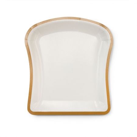 Assiette en papier en forme de toast - Les assiettes en papier en forme de toast alléchantes conviennent parfaitement aux entreprises vendant des gâteaux tranchés et des toasts épais. Chaque boîte contient 2400 assiettes, et il est possible de choisir un ensemble comprenant des fourchettes à gâteau.