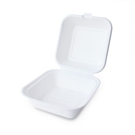 6"x6"x3"の白いカバー付き甘蔗パルプハンバーガーボックス - エコシングルコンパートメントカバーボックス、エコハンバーガーボックス