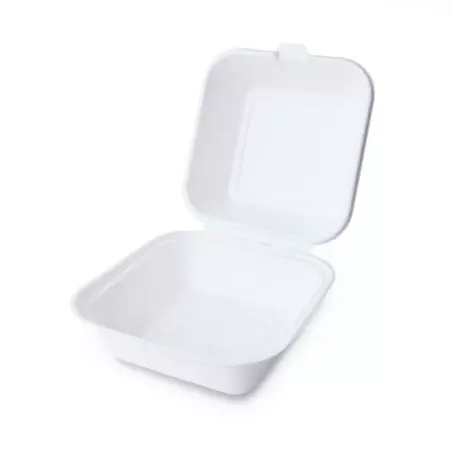 6"x6"x3"白色連蓋甘蔗紙漿漢堡盒 - 環保單格連蓋餐盒、環保漢堡盒
