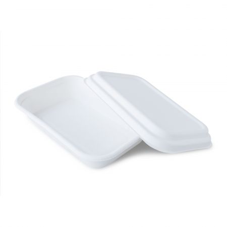 Bekas Makan Segi Empat Tebu (750ml) - Kotak makan sekali pakai 750ml dari tebu putih dengan penutup
