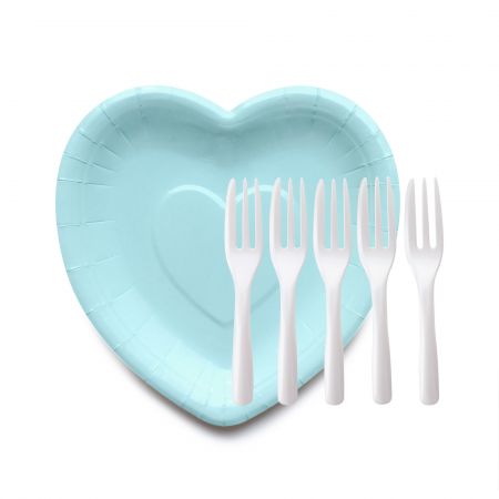Assiettes en papier bleu bébé en forme de cœur avec fourchettes à gâteau - Assiettes en forme de cœur uniques et fourchettes à gâteau