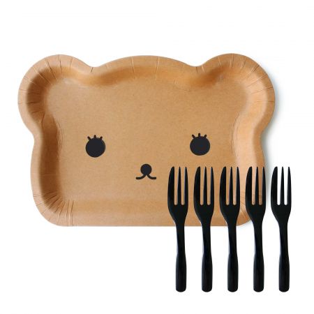Piatto a forma di orso con forchette per torta nere - Piatto a forma di orso e forchetta per torta