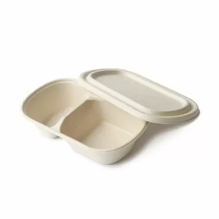 800 ml oval bagasse bölmeli kap - 2 bölmeli şeker kamışı yemek kutusu