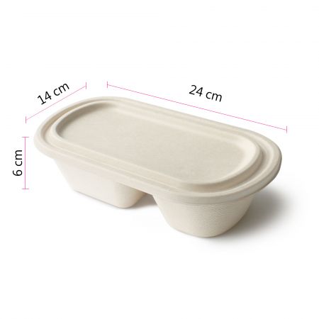 Contenant alimentaire ovale en bagasse de 800 ml avec compartiments et couvercle