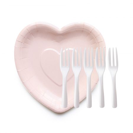 Platos de papel en forma de corazón de color rosa bebé con tenedores para pastel - Plato en forma de corazón para pastel y tenedor para pastel