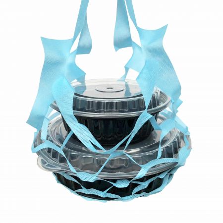 天空藍網狀不織布餐盒提袋(四杯裝) - 天空藍不織布便當提網，一箱2000個，網狀設計可承重3公斤，可提3-4杯咖啡。