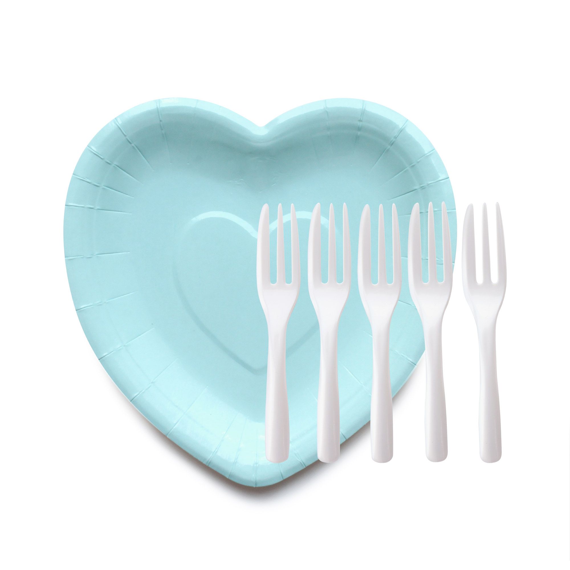 Piatti per torte di carta a forma di cuore BabyBlue con forchette