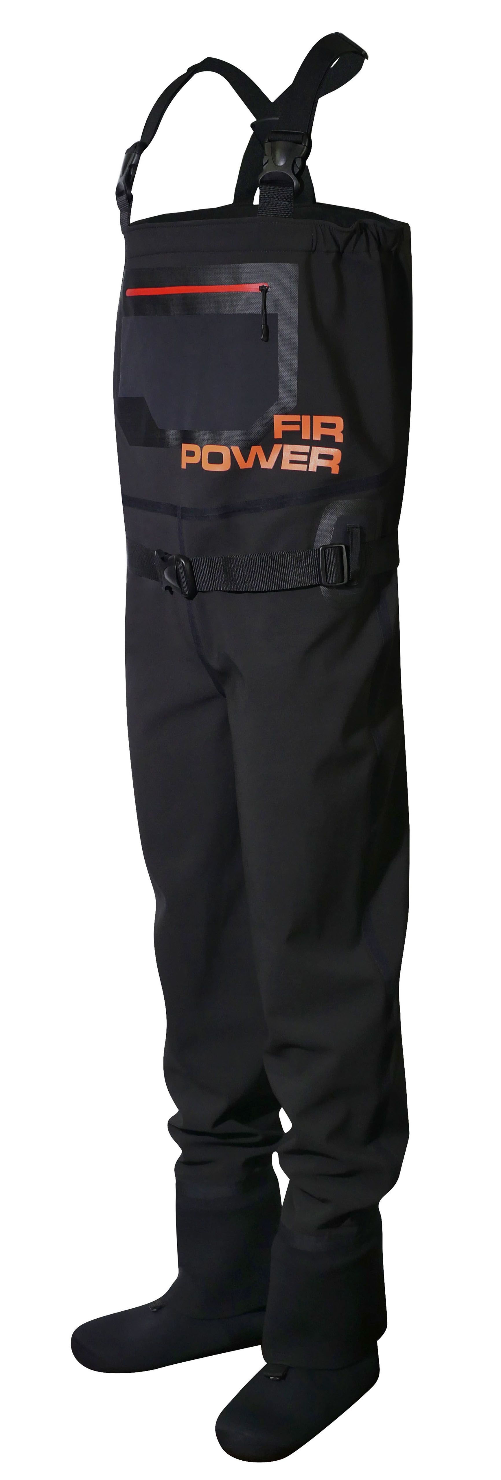 Cuissard noir intégral avec bottes intégrées et bretelles réglables, conçu pour une protection imperméable et des performances en extérieur.