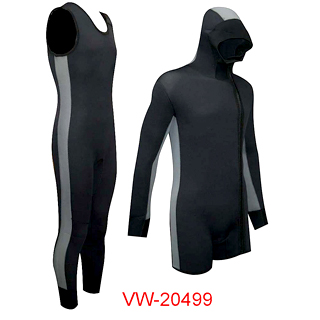 Ensemble de combinaison en néoprène deux pièces avec veste à capuche à manches longues et Long John sans manches ; idéal pour les sports nautiques en eau froide et la protection thermique en couches.