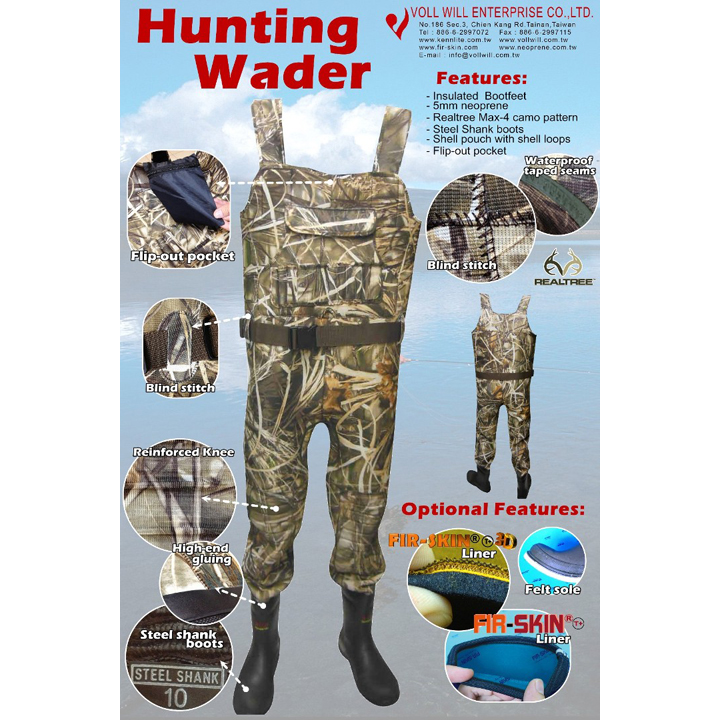 Cuissard en néoprène camouflage affiché sur une page de catalogue, avec poche poitrine rabattable, coutures à points invisibles, genoux renforcés et bottes à tige en acier.