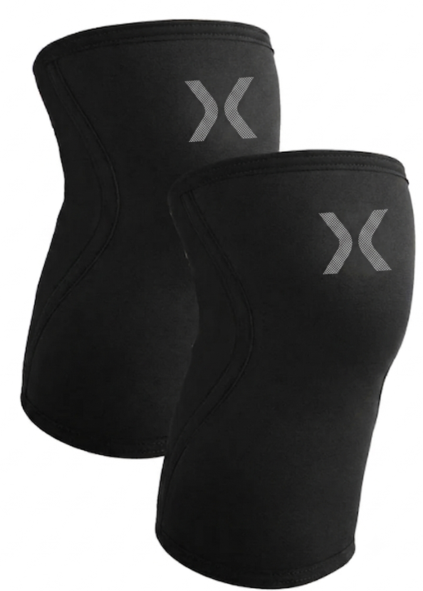Black neoprene weight lifting knee sleeves shown in pair — front and back view — featuring 7mm compression construction with reflective logo branding. Available in custom thickness, color, and private label options.
