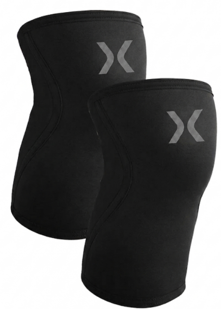 Weight Lifting Knee Sleeves - Black neoprene weight lifting knee sleeves shown in pair — front and back view — featuring 7mm compression construction with reflective logo branding. Available in custom thickness, color, and private label options.