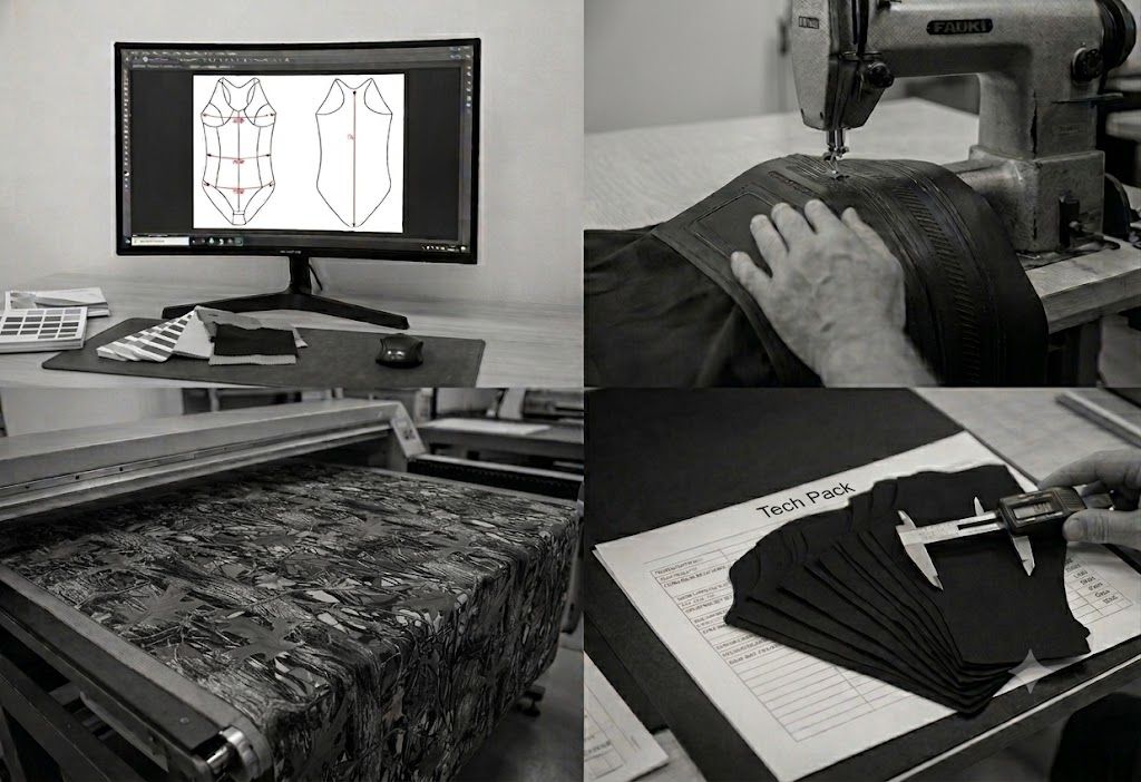 Four-panel collage showing CAD wetsuit pattern creation, heavy-duty industrial stitching, custom camouflage sublimation printing on fabric, and precise digital caliper measurement with Tech Pack documentation.