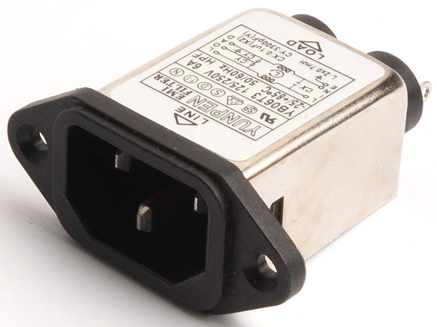 Solder lug terminal and horizontal mounting ears YB-T3 integrates an IEC inlet type C14 and filter with noise suppression.