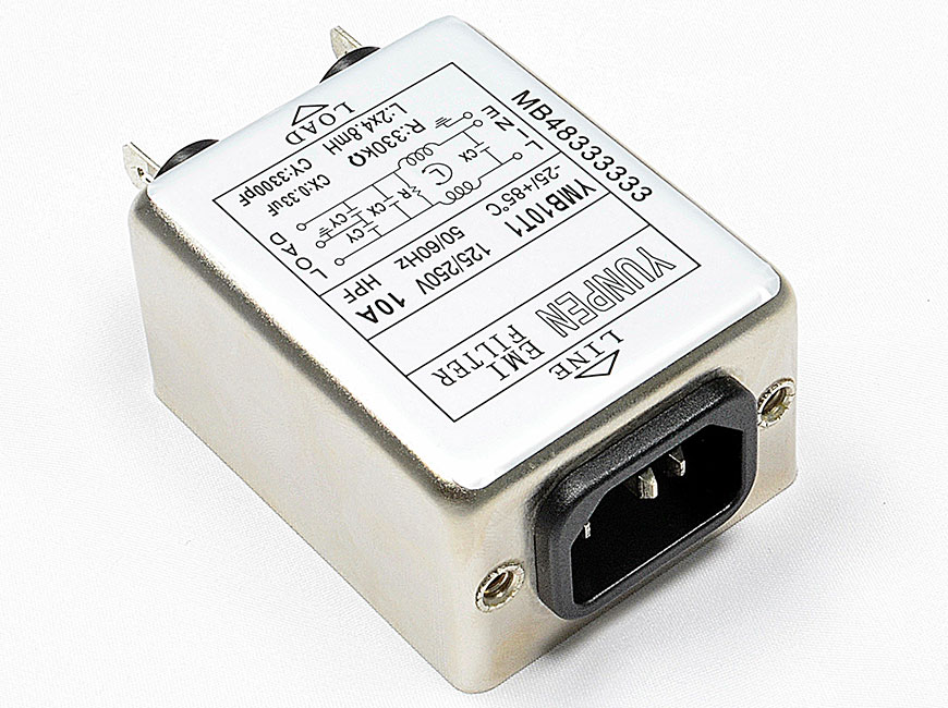 Fast-on connection YM10T1 integrates an IEC inlet type C14 and filter with noise suppression in a box.