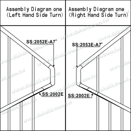 Ilustración: Conector de esquina de escalera interna para tubo redondo de acero inoxidable - Longitud extra - El ángulo se puede personalizar