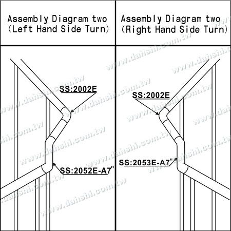 イラスト：ステンレス鋼の丸いチューブ内部階段コーナー用エクストラ長さコネクター - 角度はカスタマイズ可能