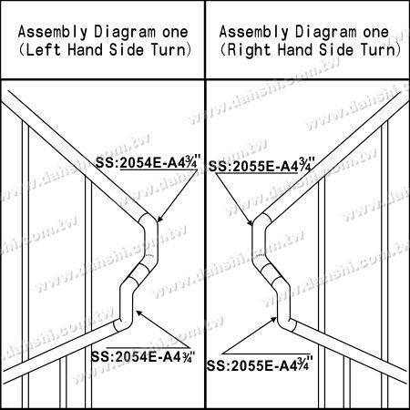 Ilustración: Conector de esquina de escalera interna extra largo para tubo redondo de acero inoxidable - El ángulo se puede personalizar