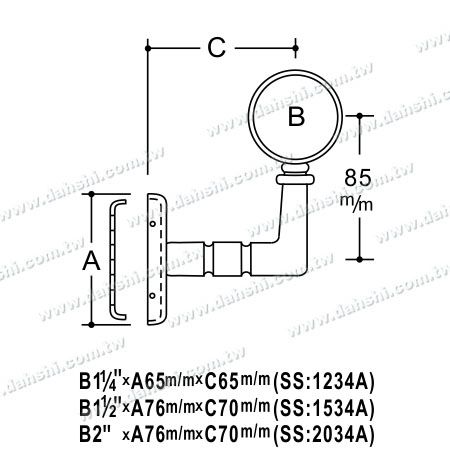 Dimenzija: Vijak nevidni nosilec - Notranji okrogli cevni nosilec za steno ročaja končni (desno)