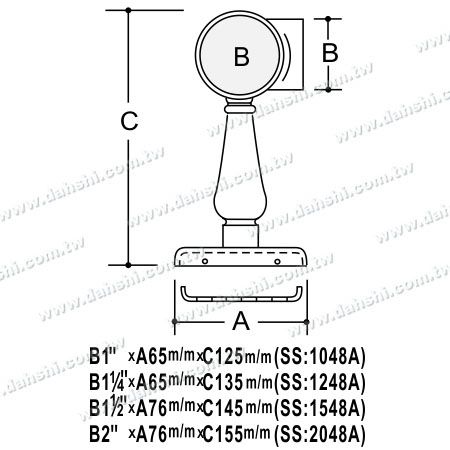 尺寸图:螺钉隐藏型脚座- 阳台或室内装饰栏杆套管式转角固定座