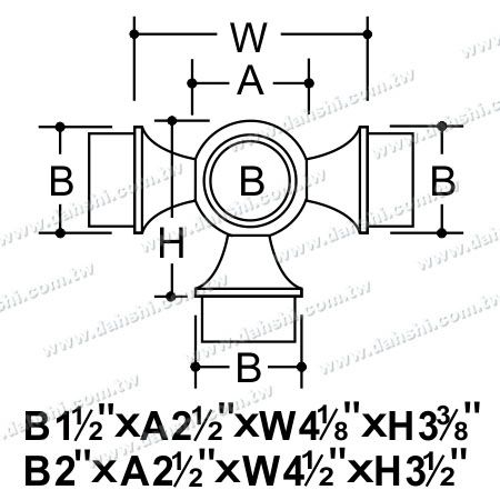 尺寸圖:不銹鋼圓管套外90度四通 - 球型