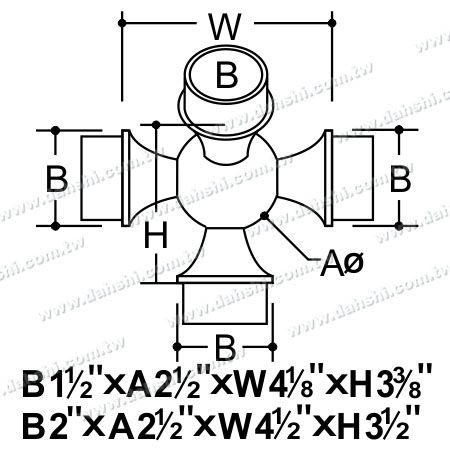 尺寸圖:不銹鋼圓管套外135度四通 - 球型