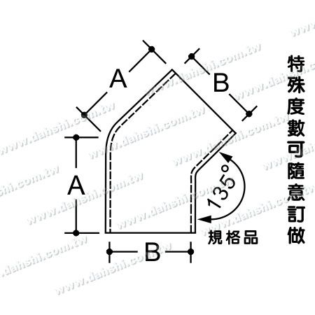 尺寸图:不锈钢圆管插内135度弯头- 可订做角度