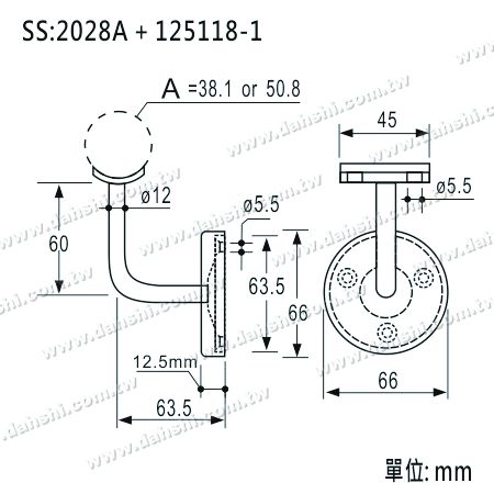 尺寸图:不锈钢圆管扶手墙壁固定座- 附盖