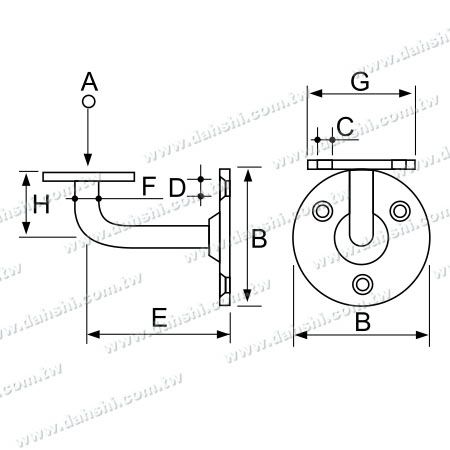 Dimensión: Soporte de pared para pasamanos de tubo cuadrado de acero inoxidable, soporte de pared para pasamanos de tubo rectangular de acero inoxidable - Fijación angular (SS:2029B) con tornillo expuesto