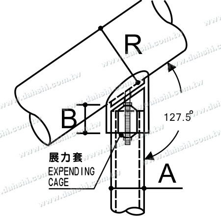 Dimension : Connecteur de poteau perpendiculaire pour main courante en tube rond en acier inoxydable, capuchon externe à 127 degrés avec cage d'expansion