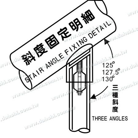 Diagramme d'installation : Connecteur de poteau perpendiculaire en tube rond en acier inoxydable avec capuchon externe à 127 degrés et cage d'expansion