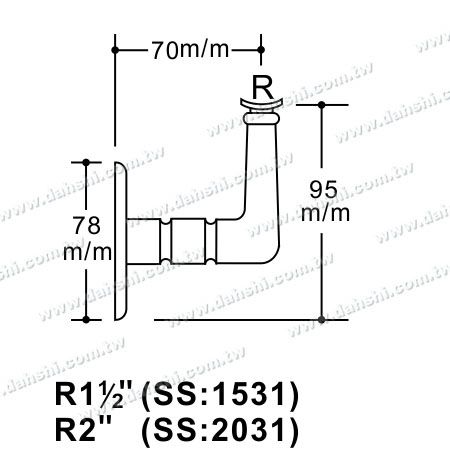 आयाम: स्क्रू उभारित ब्रैकेट - स्टेनलेस स्टील गोल ट्यूब हैंडरेल वॉल ब्रैकेट