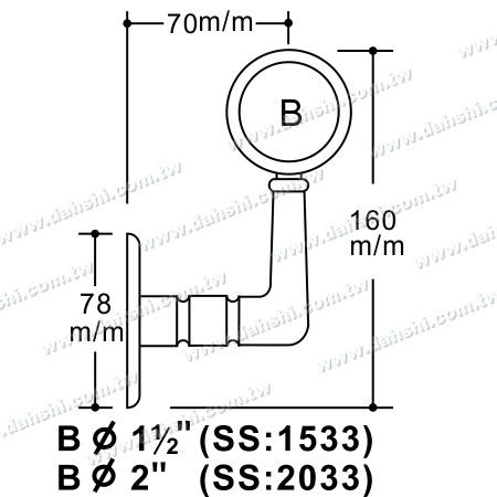 आयाम: स्क्रू उभारित ब्रैकेट - आंतरिक गोल ट्यूब हैंडरेल वॉल ब्रैकेट