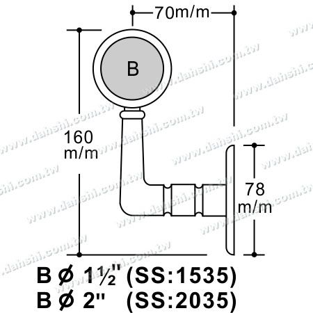आयाम: स्क्रू उभारित ब्रैकेट - आंतरिक गोल ट्यूब हैंडरेल वॉल ब्रैकेट एंड (बाएं हाथ की ओर)
