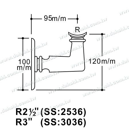 आयाम: स्क्रू उभारित ब्रैकेट - बड़े साइज़ गोल ट्यूब हैंडरेल टॉप वॉल ब्रैकेट