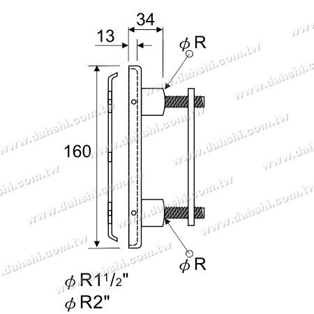 Dimension: Support de main courante en acier inoxydable pour tube rond - Dos rectangulaire avec couvercle - Vis invisible