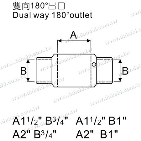 尺寸圖：不銹鋼圓管橫杆與立柱接頭 - 180度對向出口