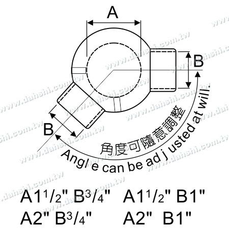 Dimension : Connecteur de tube et de barre en acier inoxydable à 2 sorties, angle réglable