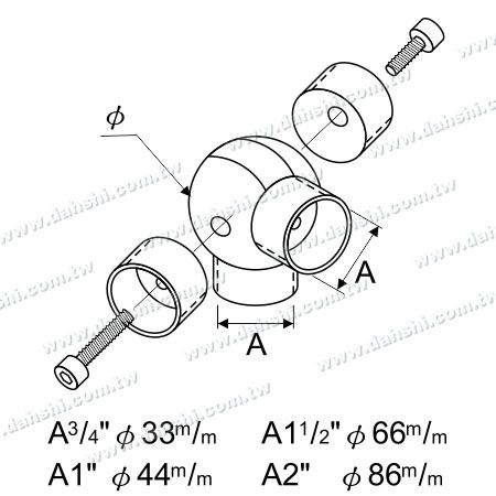 Dimensione: Connettore a sfera a T esterno a 90 gradi per tubo rotondo in acciaio inossidabile con 4 vie di uscita