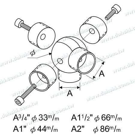 尺寸圖：不銹鋼圓管插內圓型活動五通彎頭