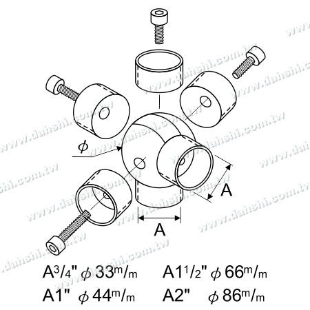 Dimensione: Connettore a sfera esterno in acciaio inossidabile per tubo rotondo - 5 vie di uscita con angolo regolabile