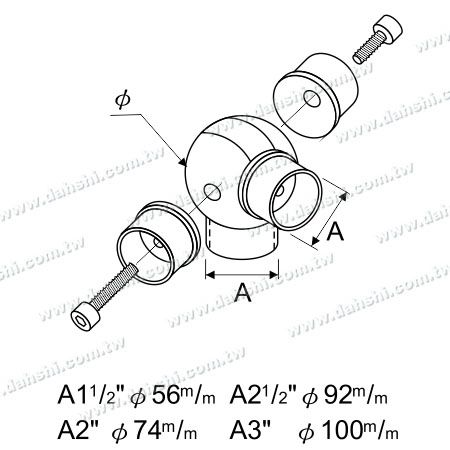 尺寸圖:不銹鋼圓管套外圓型活動四通彎頭