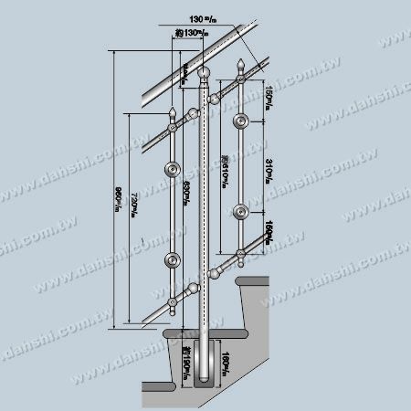 尺寸图:单个镀钛同心圆与双个镀钛同心圆穿插安装于楼梯