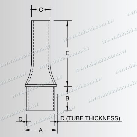 尺寸圖：不銹鋼圓管扶手與立柱上端縮小下插內平型接頭
