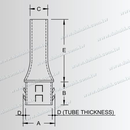 Dimensi: Konektor Penyangga Tiang Tegak Pada Pemegang Tiang Bulat Stainless Steel dengan Reducer Tapered - Desain pegas keluar - bebas las/ bisa ditempel